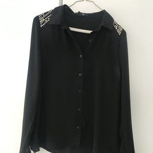 Fashionable bedazzled-shoulder silky top